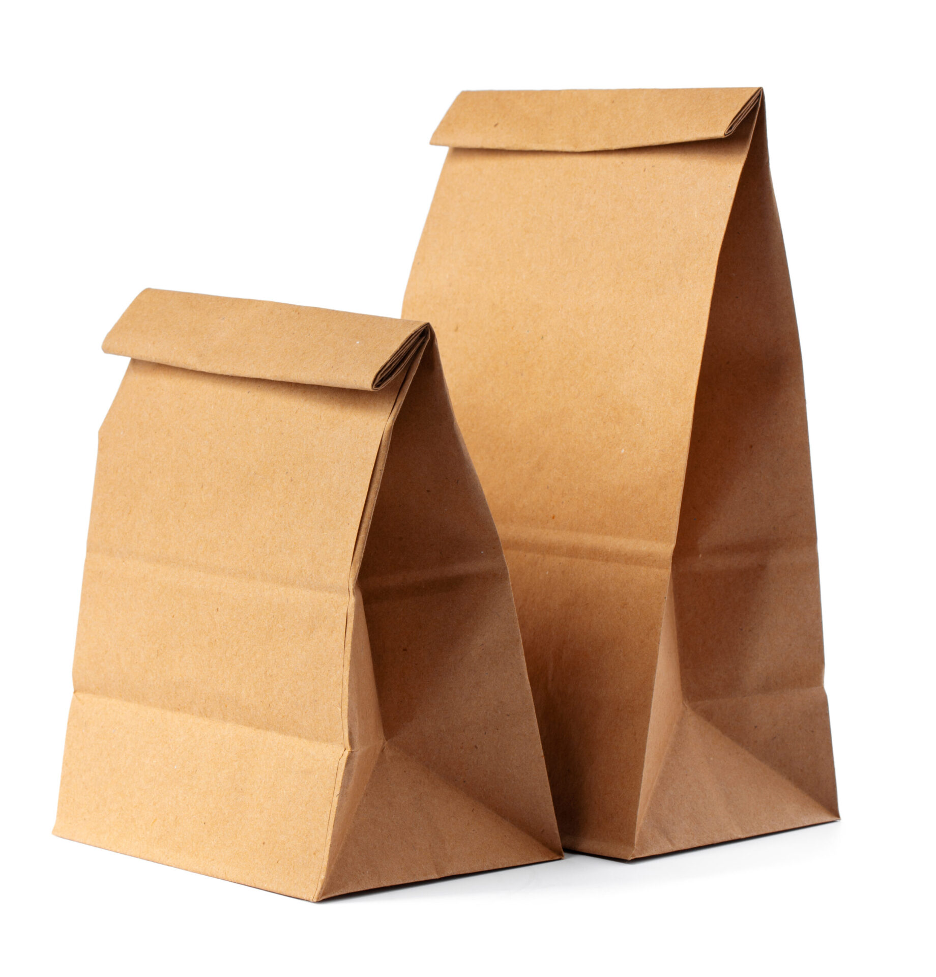 Brown craft paper bag packaging template on white background